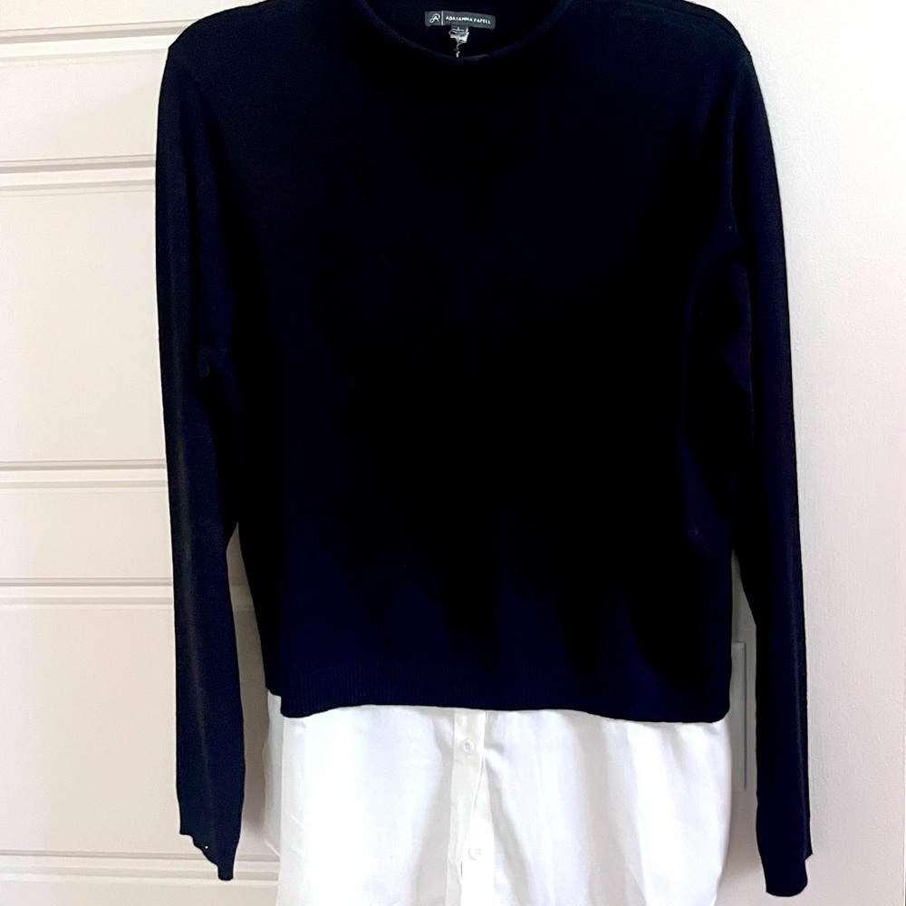 Black Mock Neck  Sweater with White Layered Hem